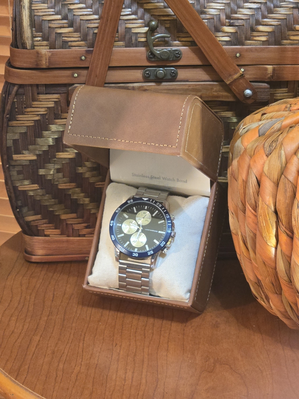 NIB Lucky Brand Men's Stainless Steel Chronograph Watch Blue Bezel Silver Band